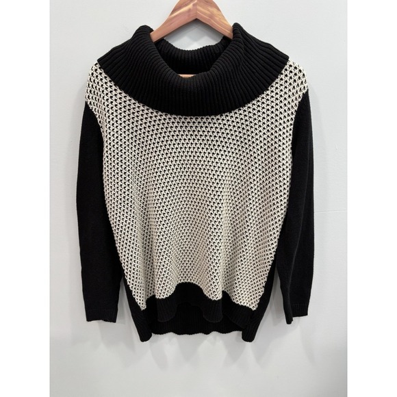 Calvin Klein Women's Black Knit Cowl Neck Sweater L Chunky Textured Contrast Top - Picture 3 of 9